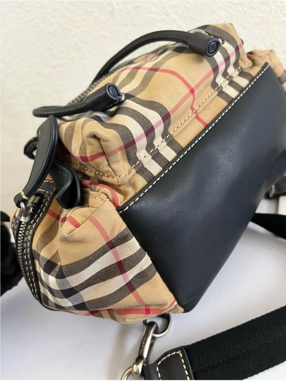 Burberry Nova Check Backpack with black trim and top handle excellent condition